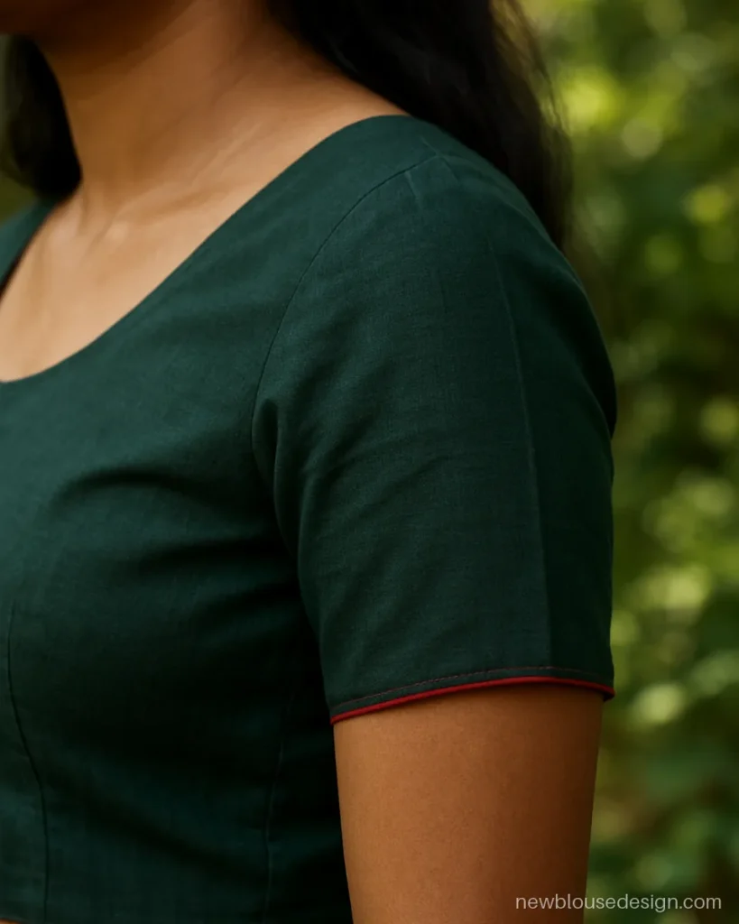Green blouse with short sleeves and contrast red piping at the hem