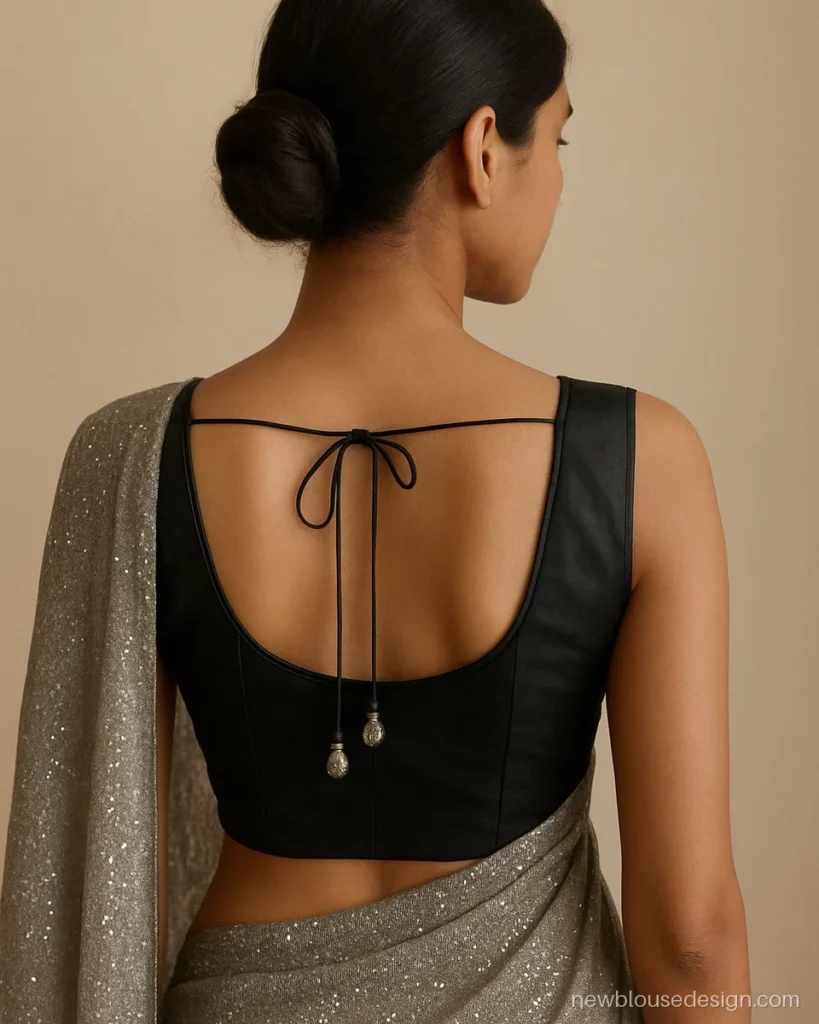 Stylish black sleeveless blouse back design with deep U neck and dori latkans