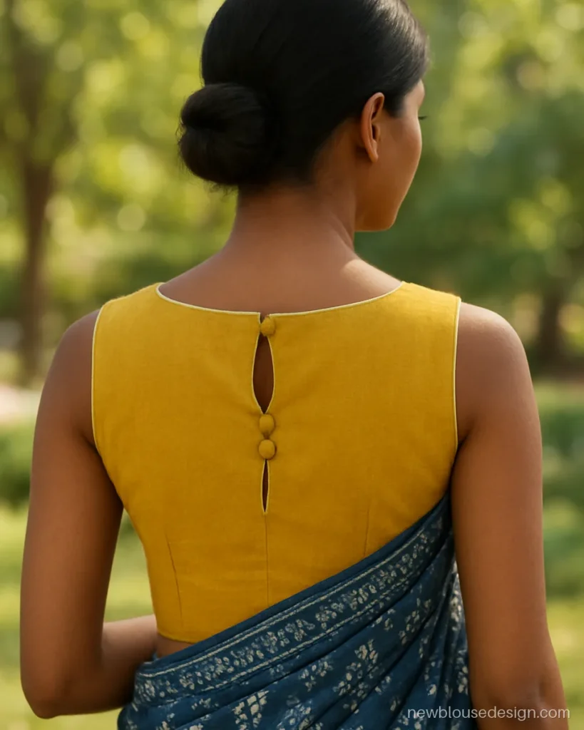 Mustard cotton sleeveless blouse back with round neck, keyhole and fabric buttons