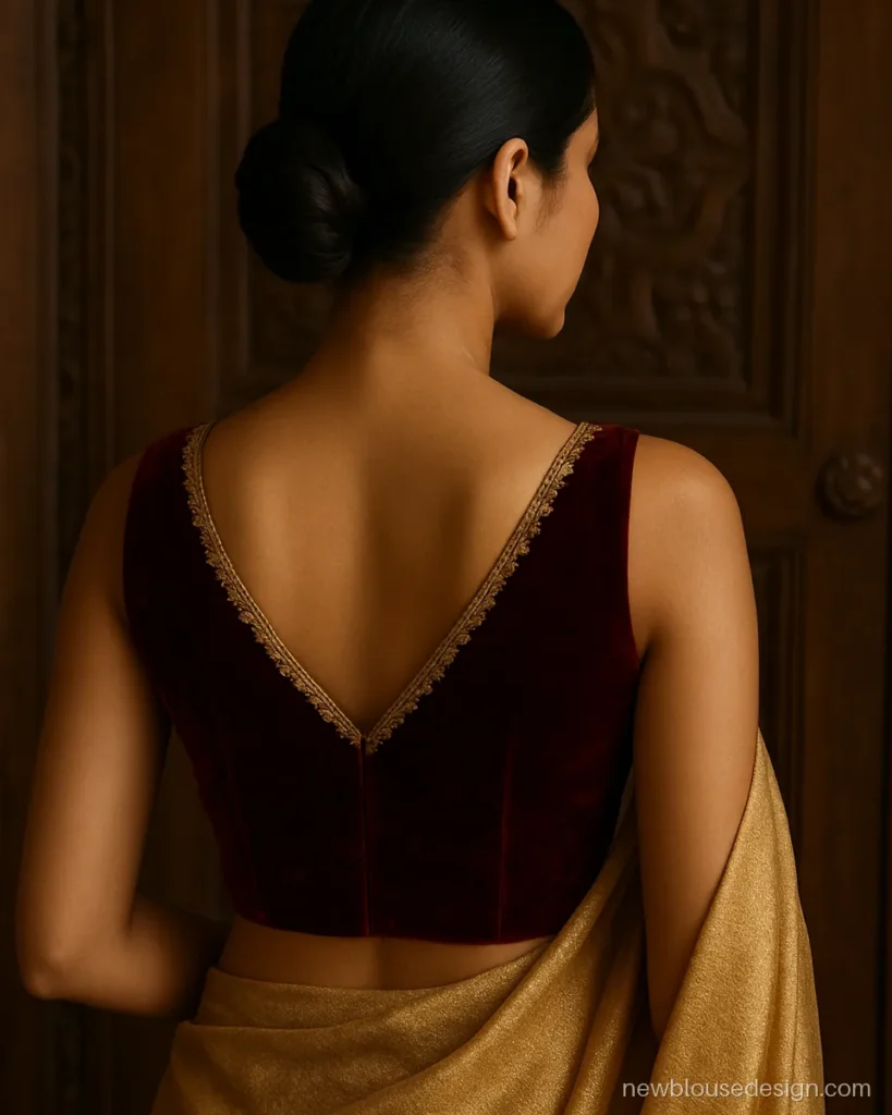 Fancy sleeveless blouse back design in wine velvet with V neck and gold cutwork