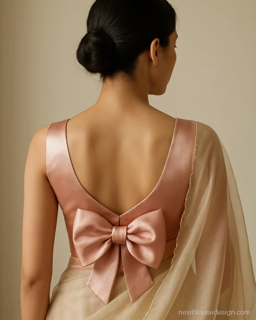 Blush pink satin sleeveless blouse with large fabric bow on the back neck