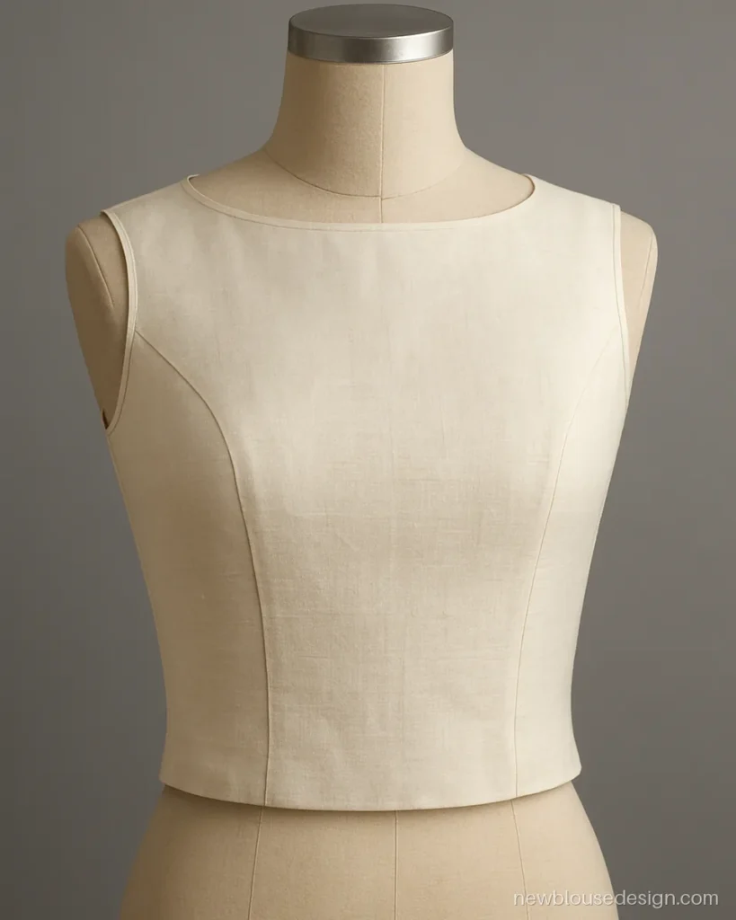 Classy sleeveless blouse design in ivory raw silk with a high boat neck on a dress form