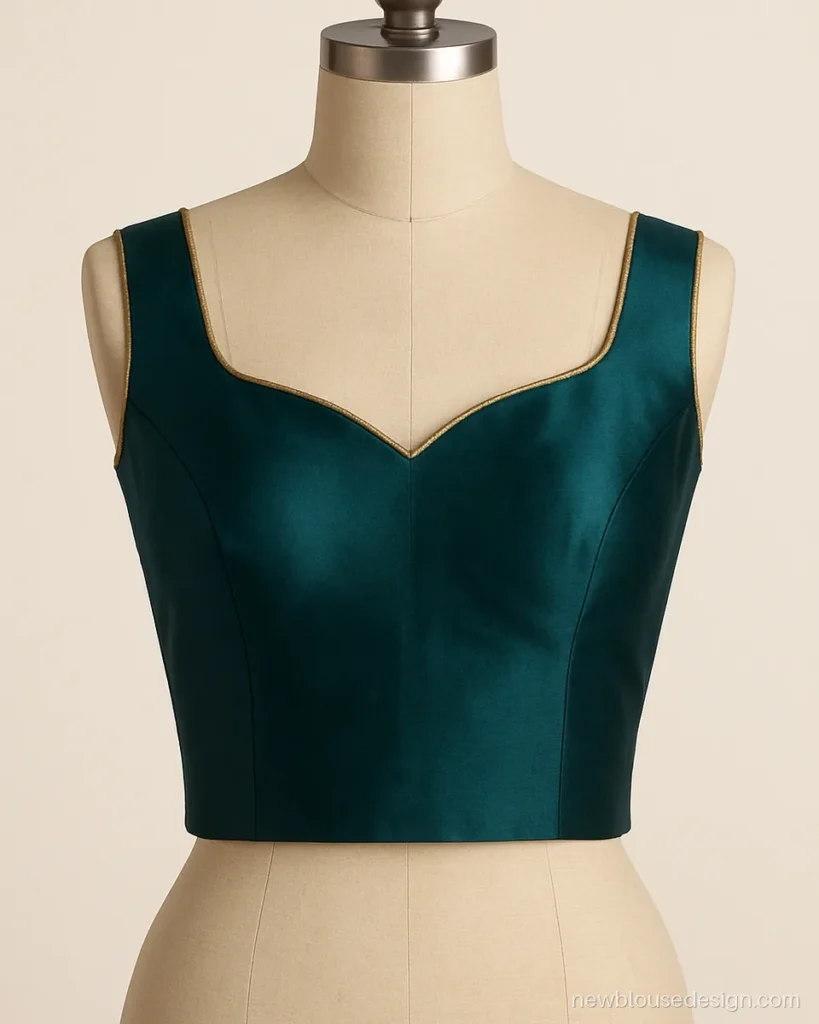 Teal silk sleeveless blouse with sweetheart neckline and thin gold piping, front view