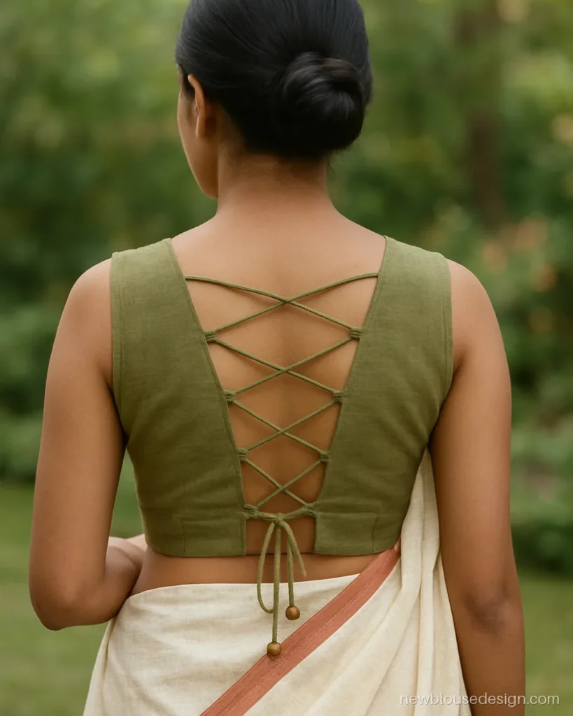 Olive khadi sleeveless blouse back with criss-cross dori and wooden beads