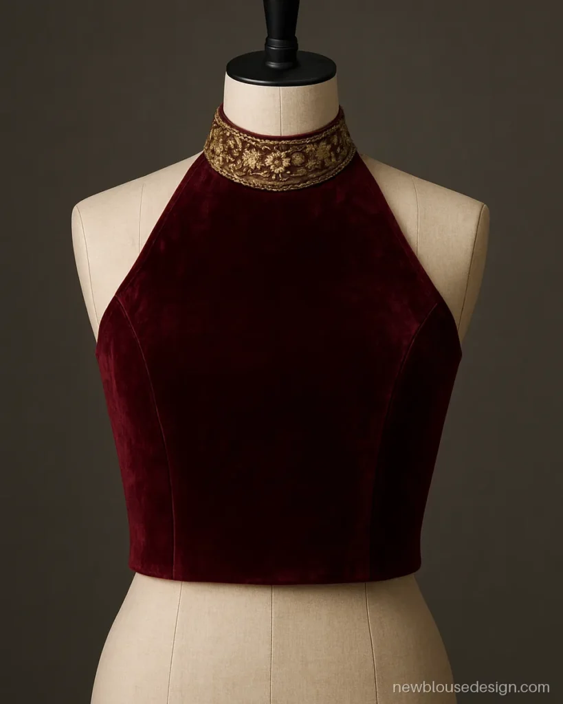 Maroon velvet high neck halter blouse with gold zardozi border at the collar