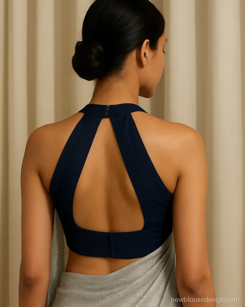 Navy georgette halter sleeveless blouse with sequin strap and open back panel