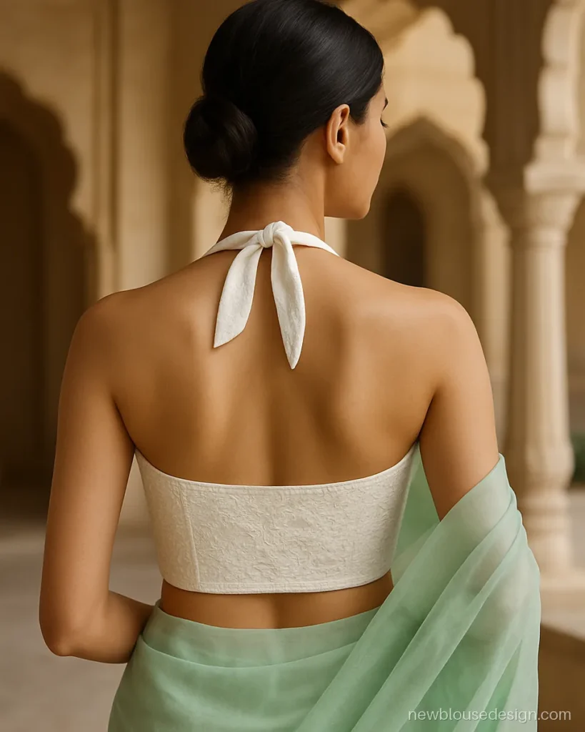 White chikankari halter neck sleeveless blouse with tie at the back of the neck