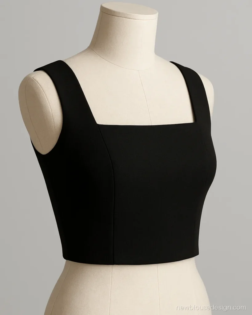 Modern sleeveless blouse design in black crepe with a wide square neck