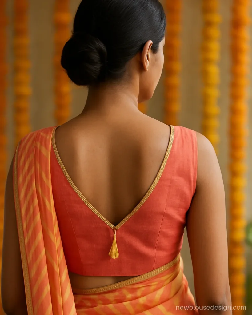 Coral Chanderi sleeveless blouse back with deeper V neck and gota tassel