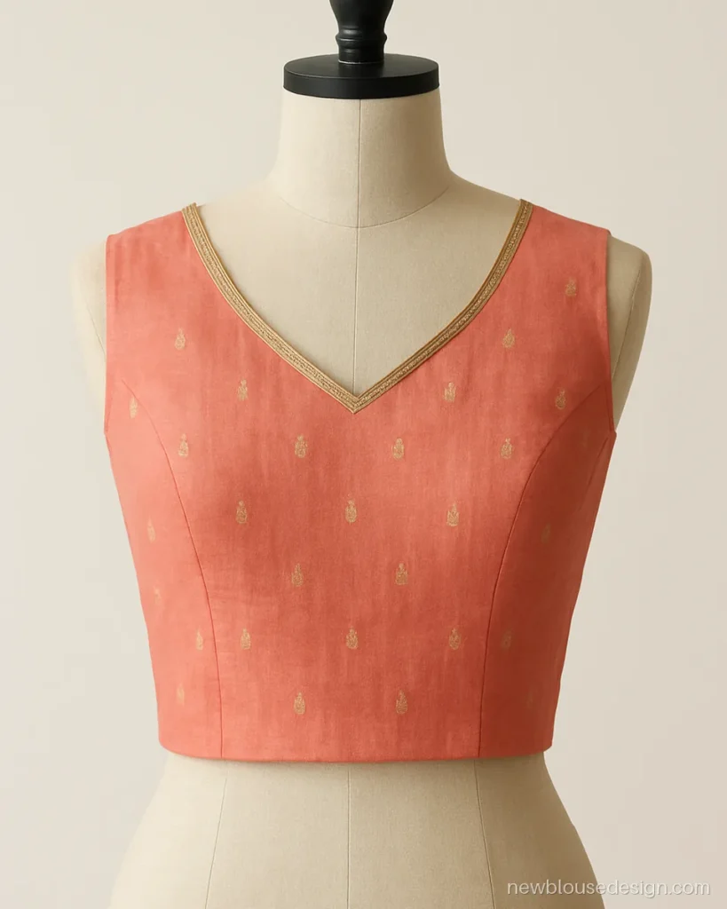 Coral Chanderi sleeveless blouse front with V neck and gota lace edging