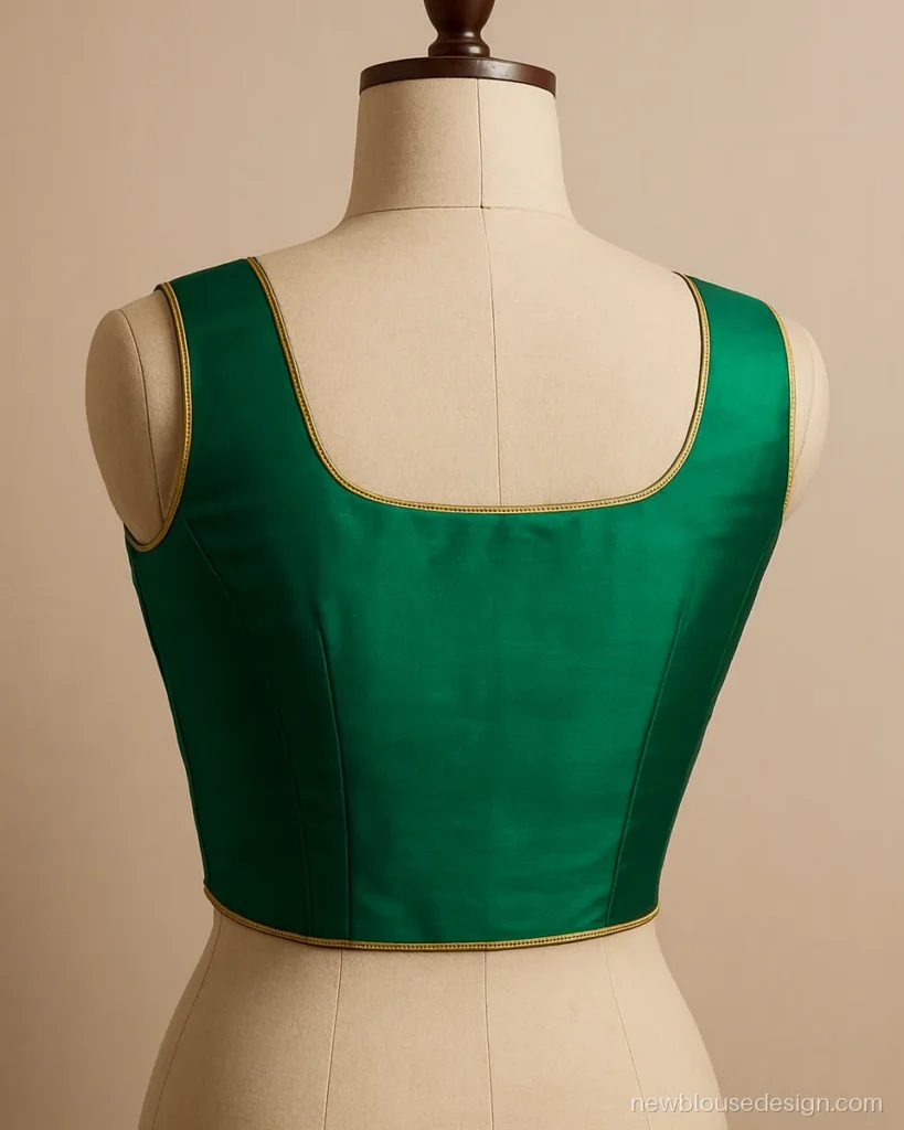 Emerald silk sleeveless blouse with round front neck and square back neck