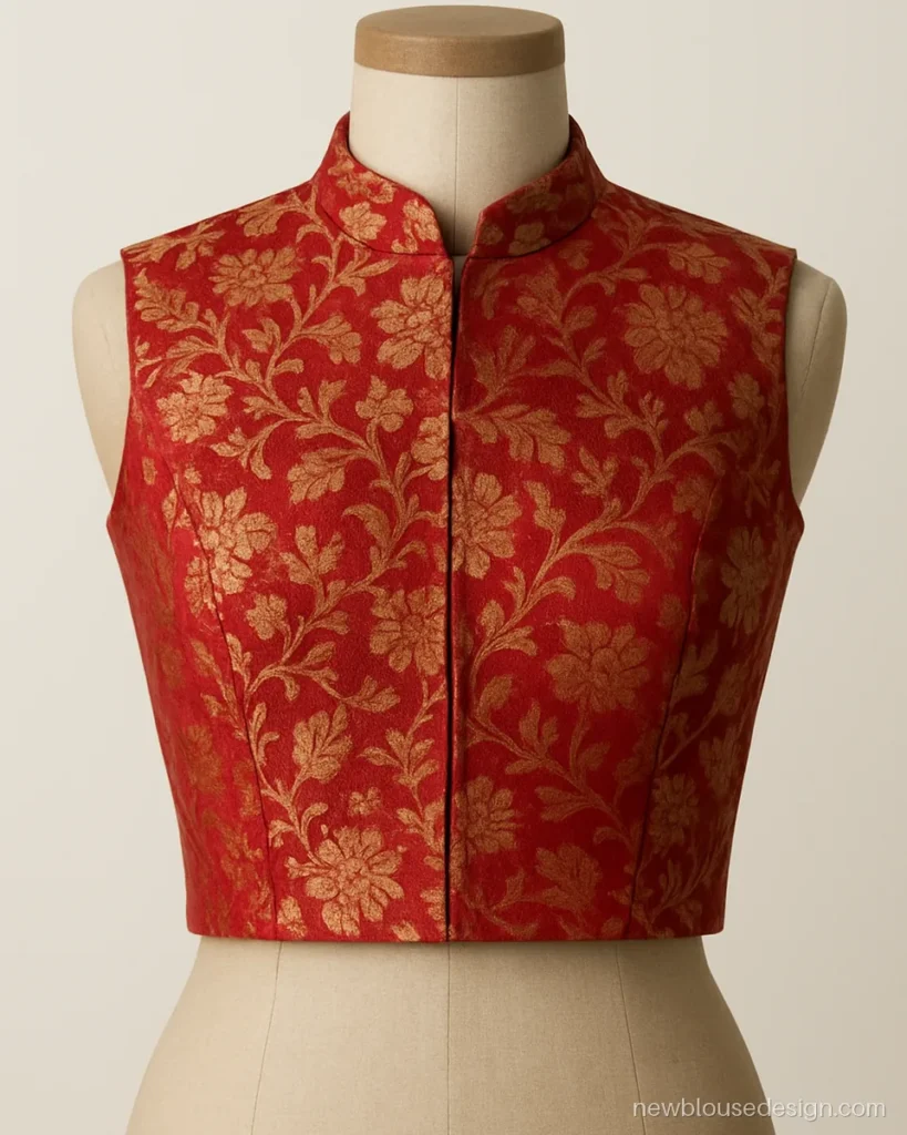 Red Banarasi brocade sleeveless blouse with mandarin collar on a dress form