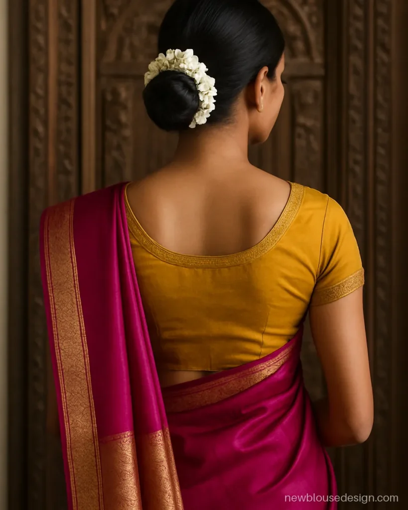 Mustard Kanjivaram silk sleeveless blouse back with temple border on the hem