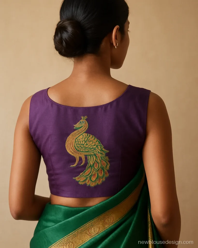 Purple Paithani silk sleeveless blouse back with peacock motif on the back panel