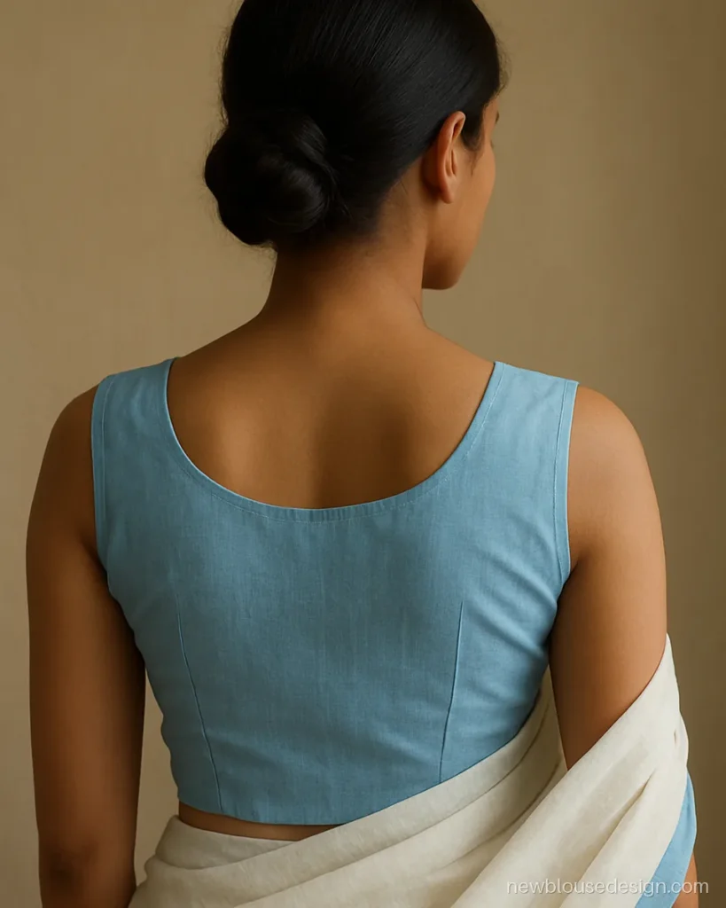 Simple sleeveless blouse design in sky blue cotton with plain round back neck