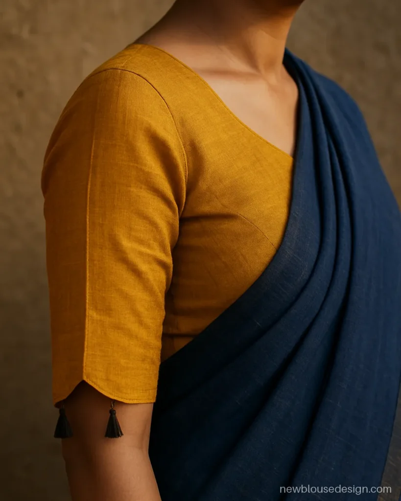 Ochre khadi silk elbow sleeve with an angled hem and small tassels