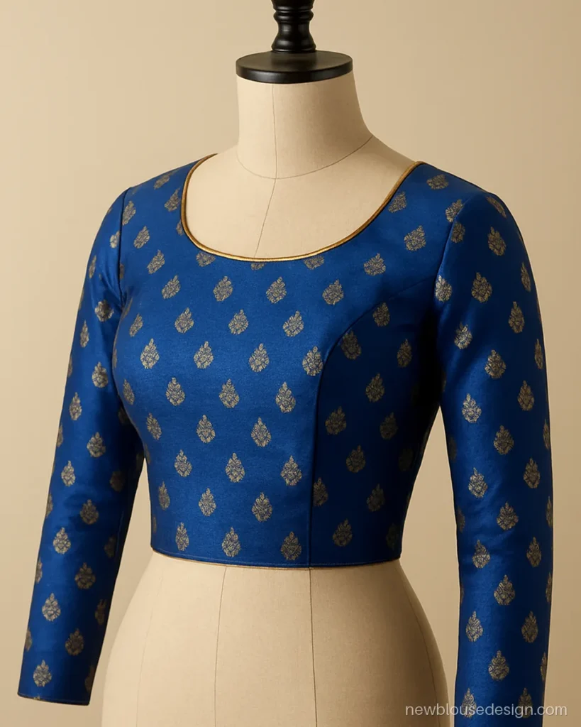 Royal blue Banarasi brocade blouse with full sleeves covered in small zari buttis