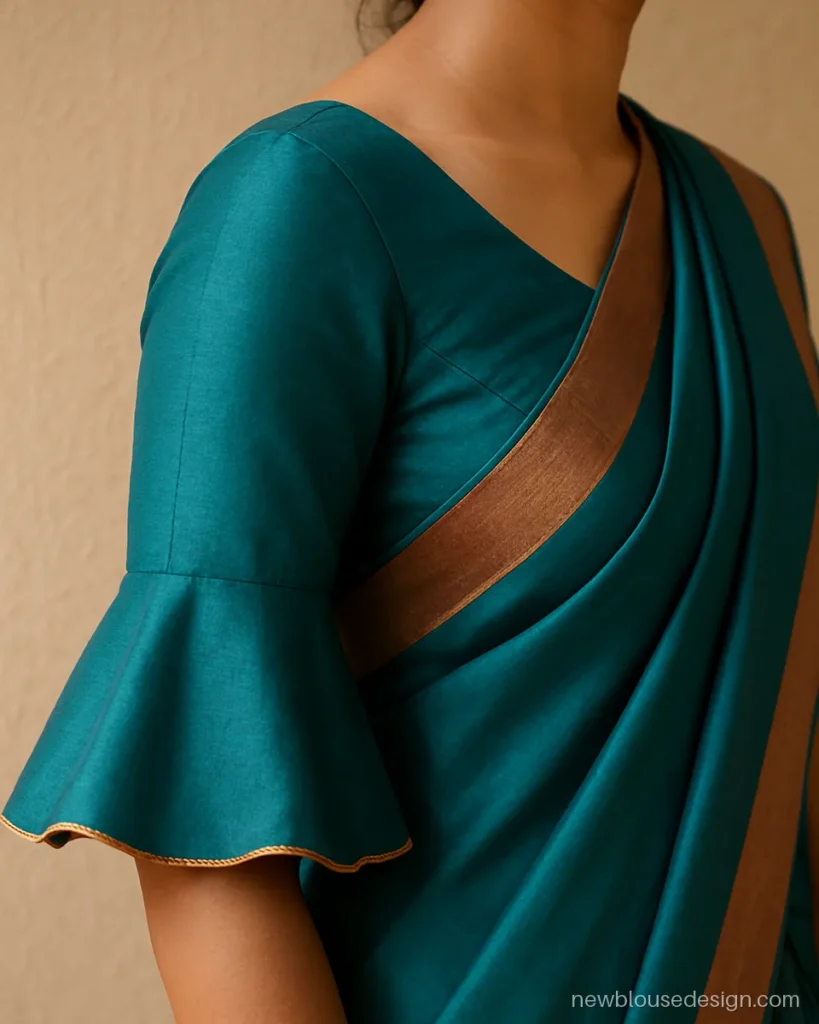 New blouse sleeves design in teal silk with an elbow bell flare and scalloped hem