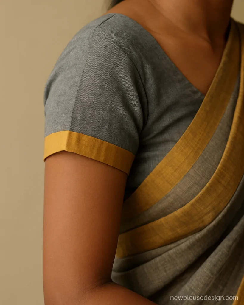 Grey cotton cap sleeve with a mustard contrast facing turned out at the hem