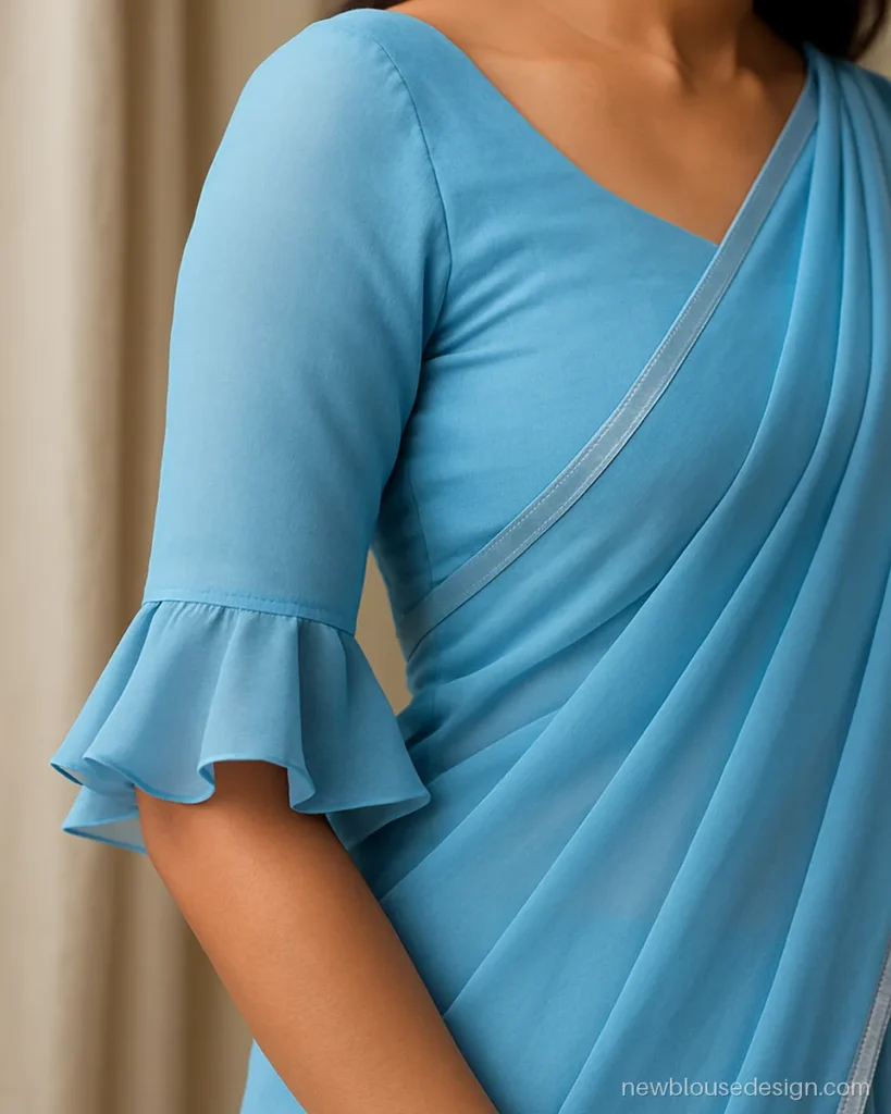 Sky blue georgette elbow sleeve ending in a long cascade frill on one side