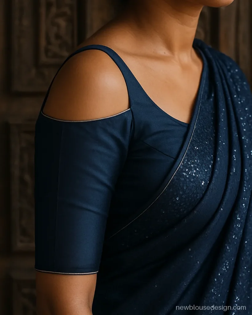 Navy silk blouse sleeves design with an open cold shoulder, thin strap and silver piping