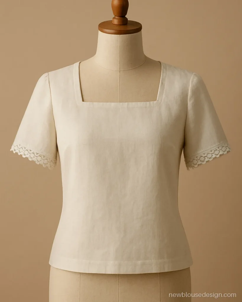 Ivory linen cotton blouse with short sleeves trimmed in white crochet lace
