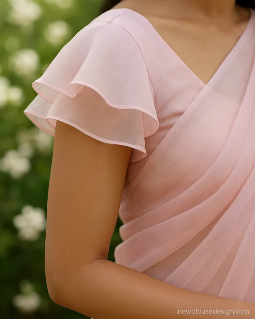 Baby pink organza blouse with a double ruffle cap sleeve