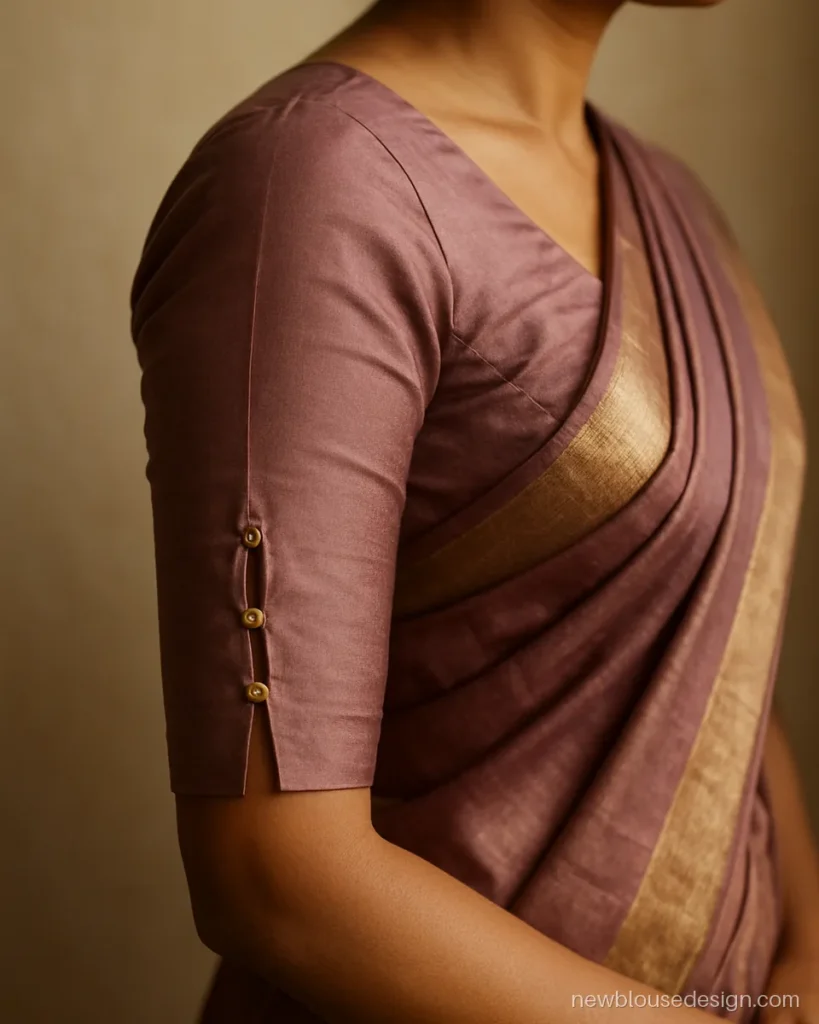 Mauve silk elbow sleeve with a short outer slit and three gold potli buttons