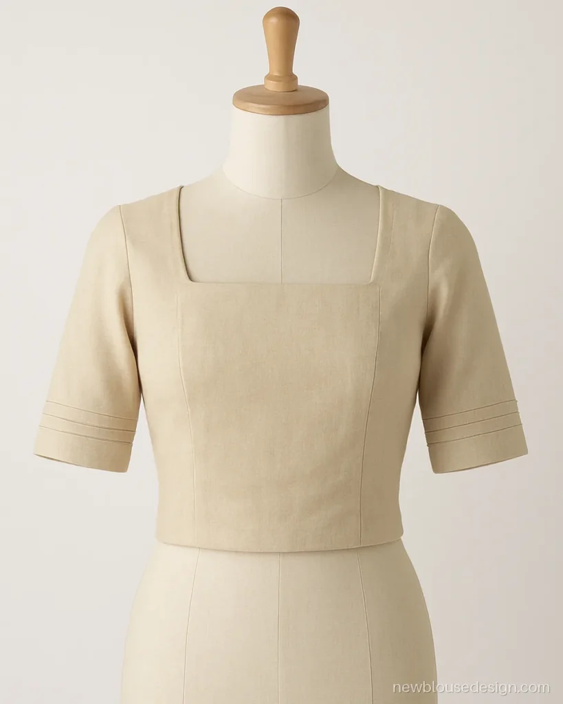 Beige cotton blouse with elbow sleeves and three fine pintucks near the hem