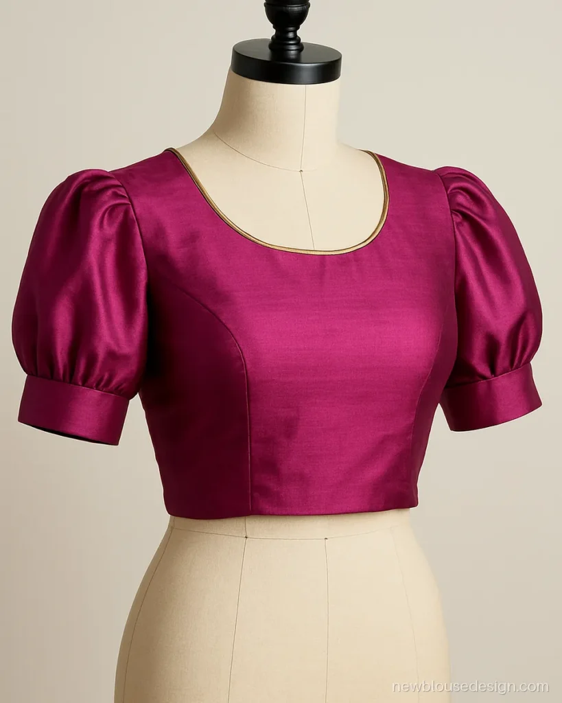 Magenta silk blouse with short gathered puff sleeves closed in a narrow band