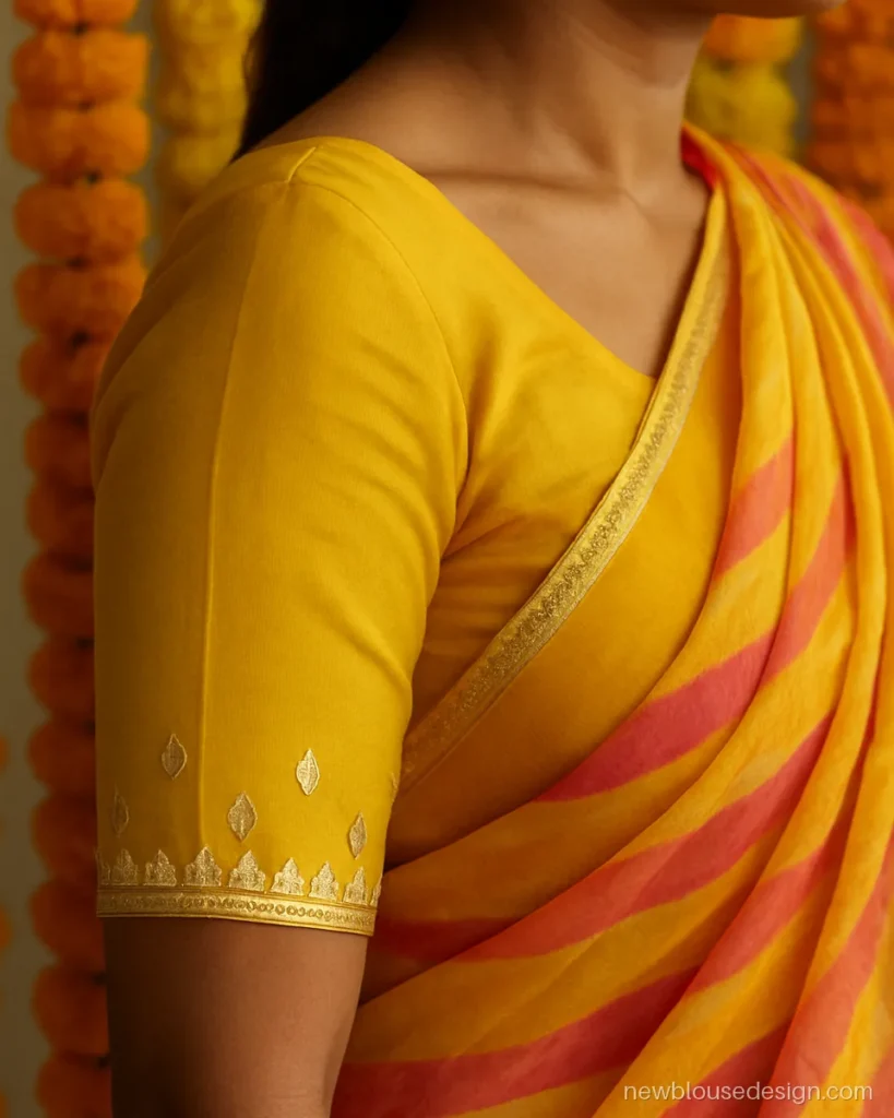 Yellow georgette elbow sleeves with gota patti lace and small leaf shapes at the hem