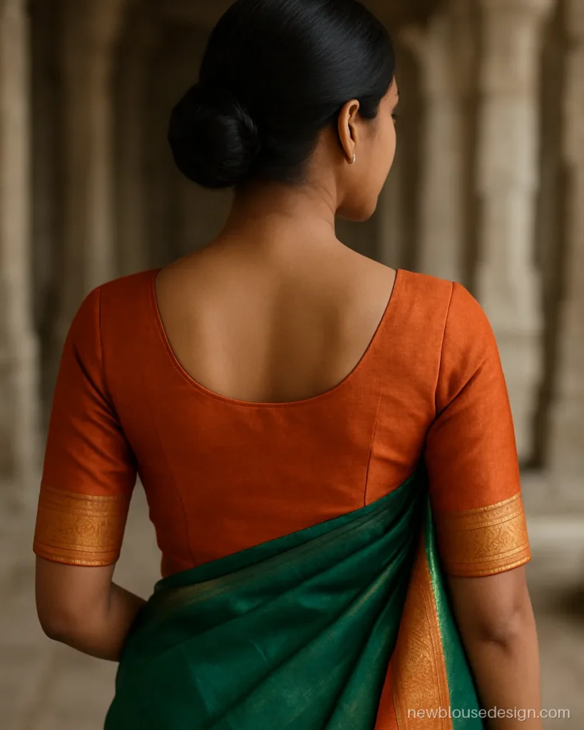 Orange Kanjivaram silk blouse back with elbow sleeves carrying a temple border band