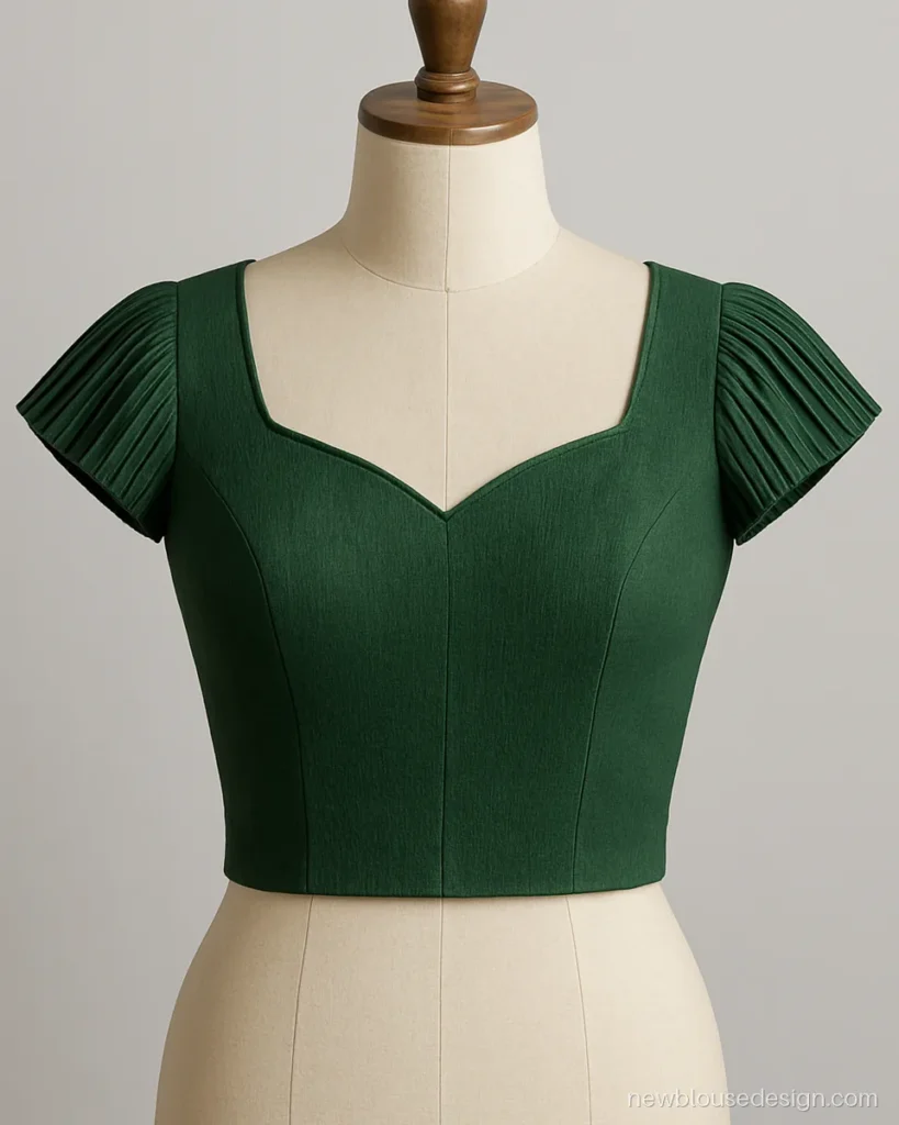 Bottle green crepe blouse with knife pleated cap sleeves pressed in one direction