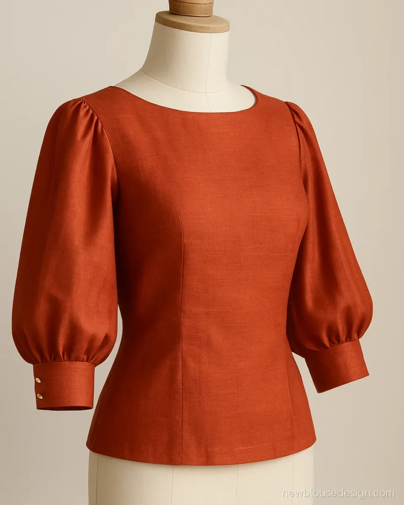 Rust chanderi blouse with three quarter lantern sleeves gathered into a buttoned cuff