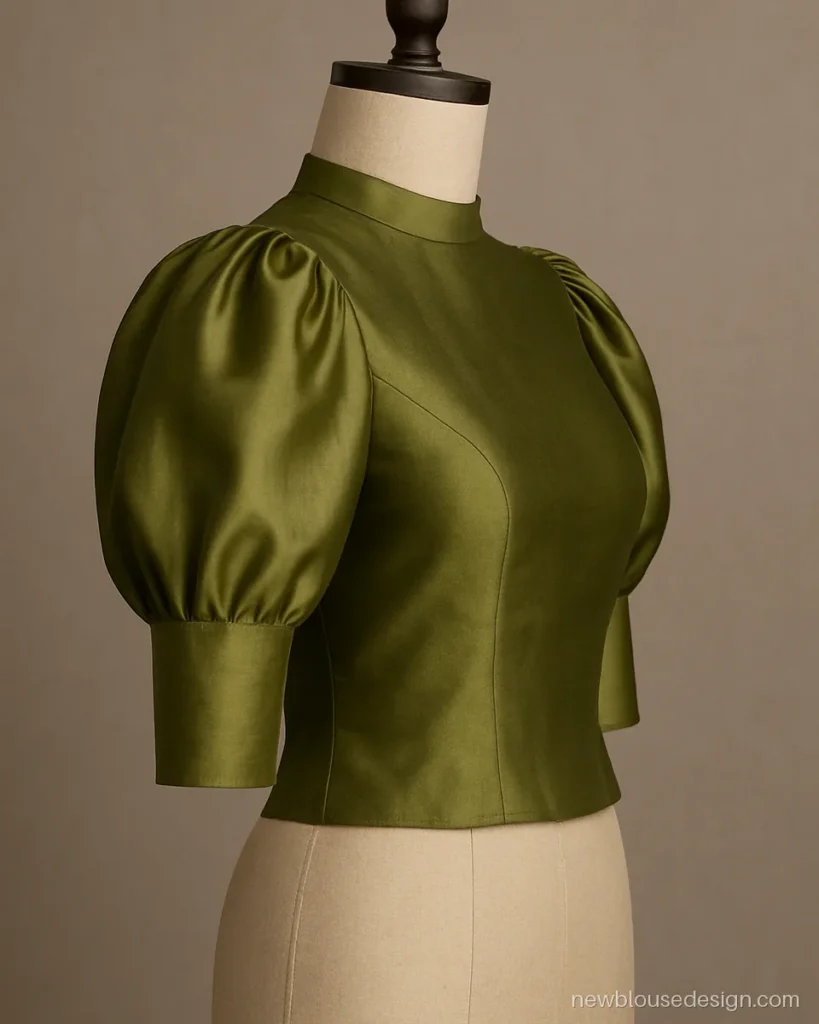 Olive silk blouse with puff at the shoulder and a fitted sleeve to the elbow