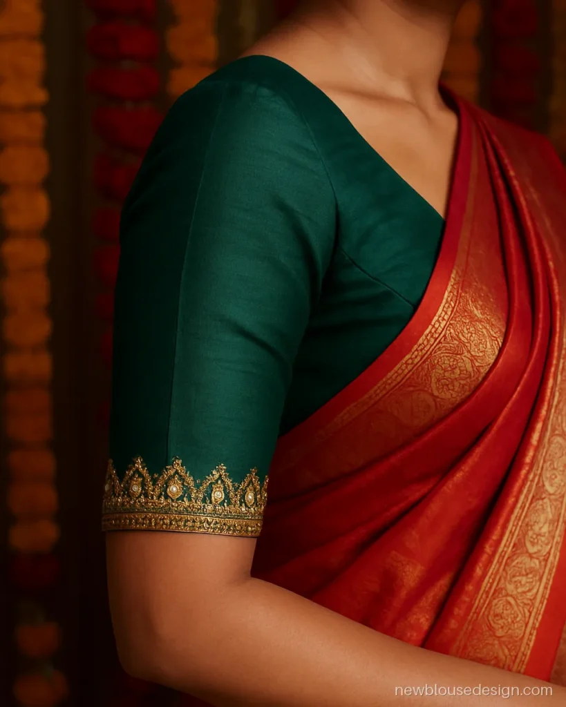 Emerald raw silk elbow sleeve with a maggam arch motif and kundan stones at the hem