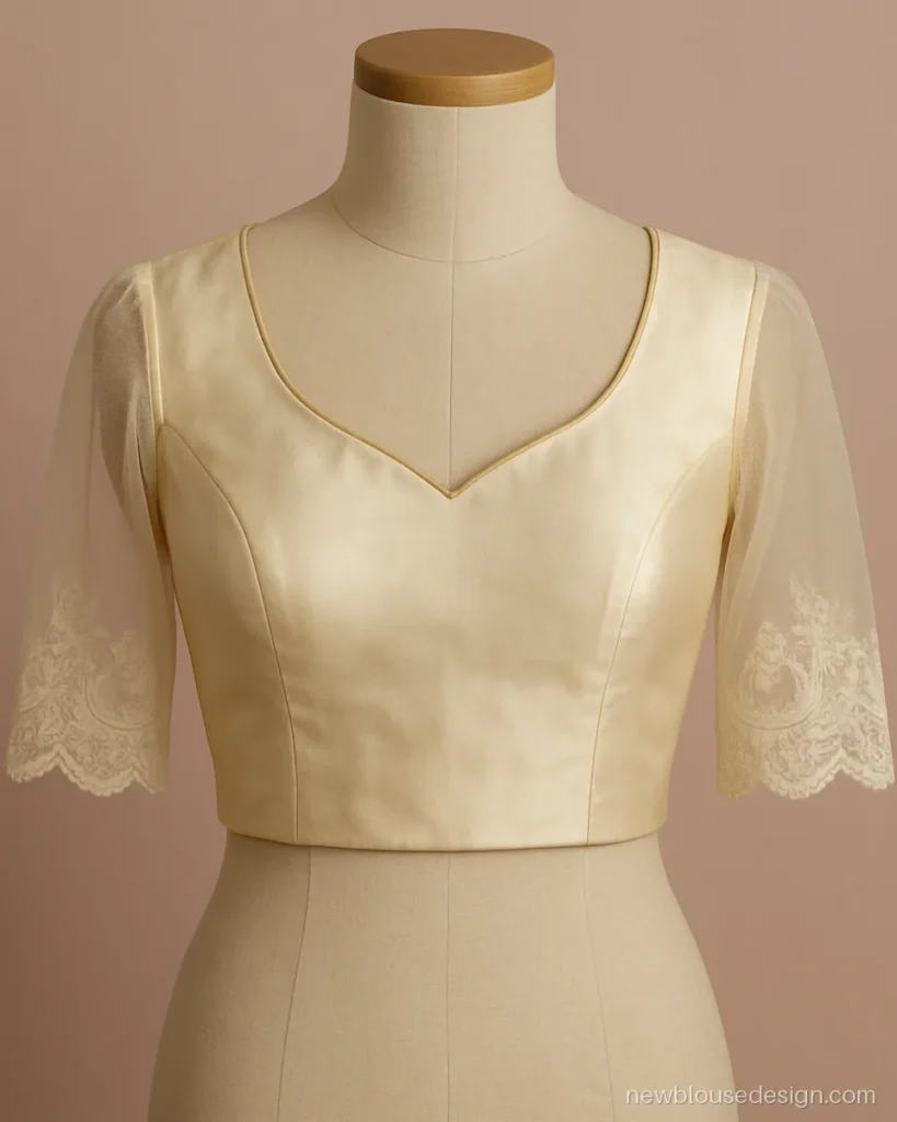Cream silk blouse with net elbow sleeves finished in a scalloped lace border