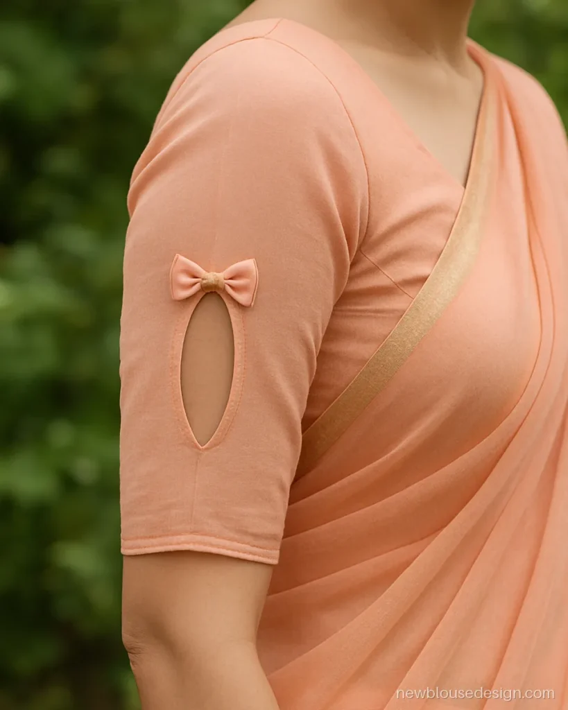 Peach georgette elbow sleeve with an oval keyhole cut-out and a small satin bow