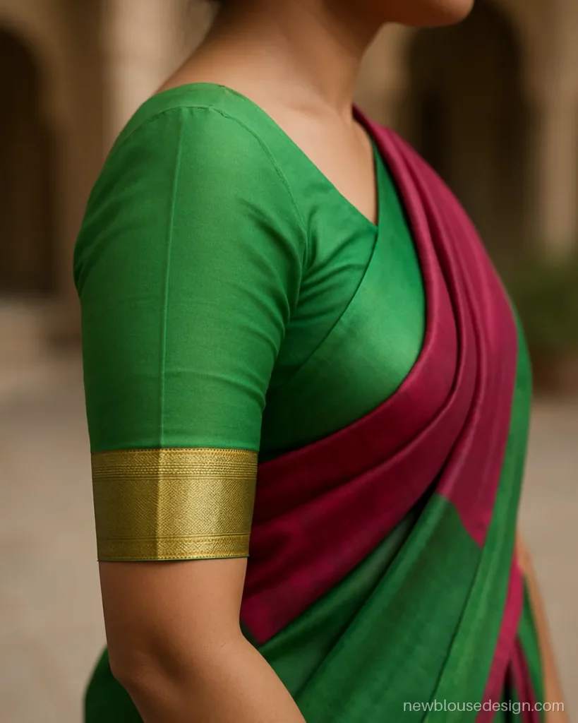Green silk elbow sleeve with the saree zari border stitched as a band at the hem