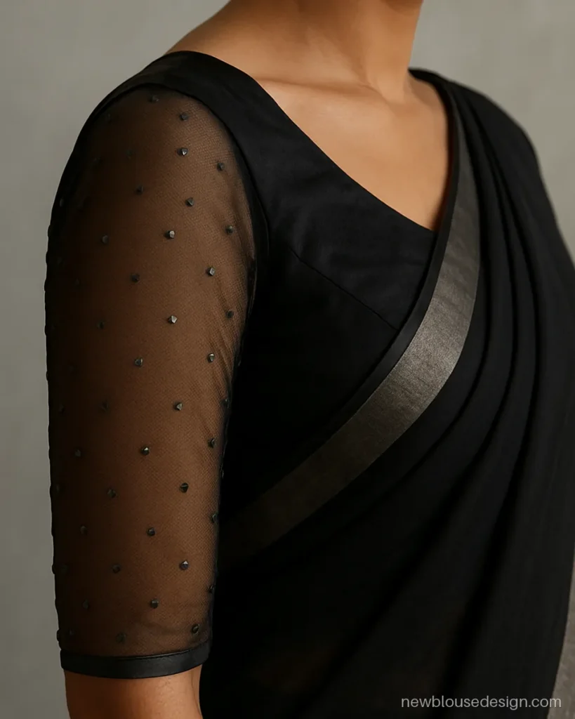Black blouse with sheer net full sleeves scattered with tiny sequin dots