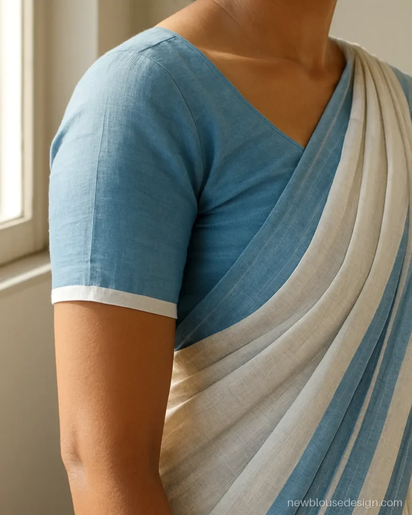 Simple sky blue cotton blouse short sleeve with crisp white piping at the hem