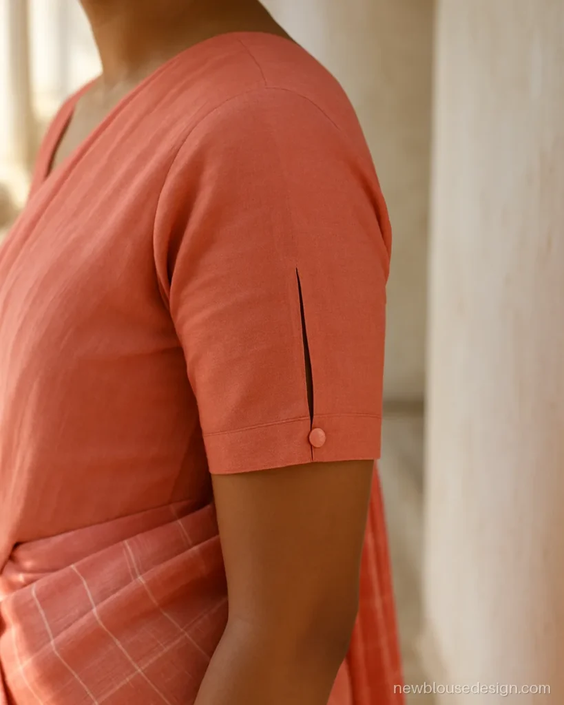 Coral cotton blouse sleeve with a long outer slit held by one fabric button