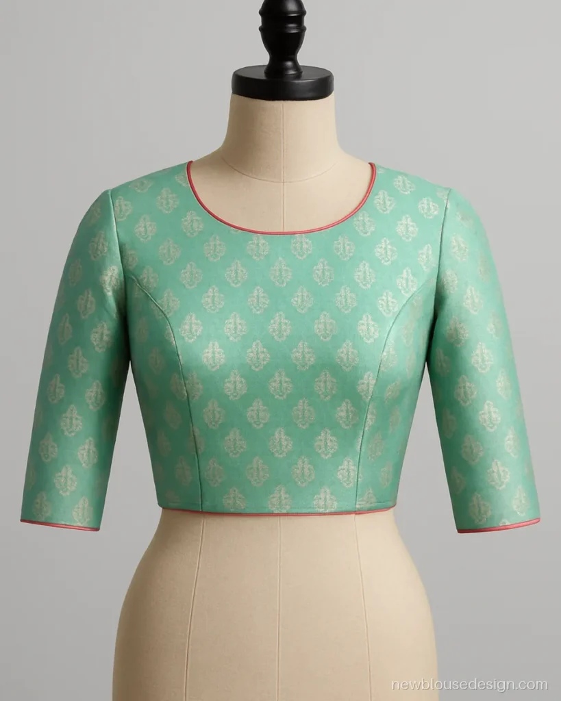 Mint brocade blouse with fitted three quarter sleeves and contrast pink piping