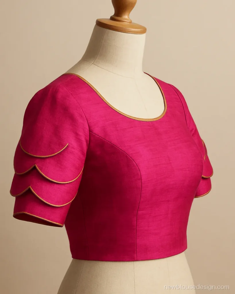 Rani pink raw silk blouse with three stacked petal sleeves edged in gold zari piping