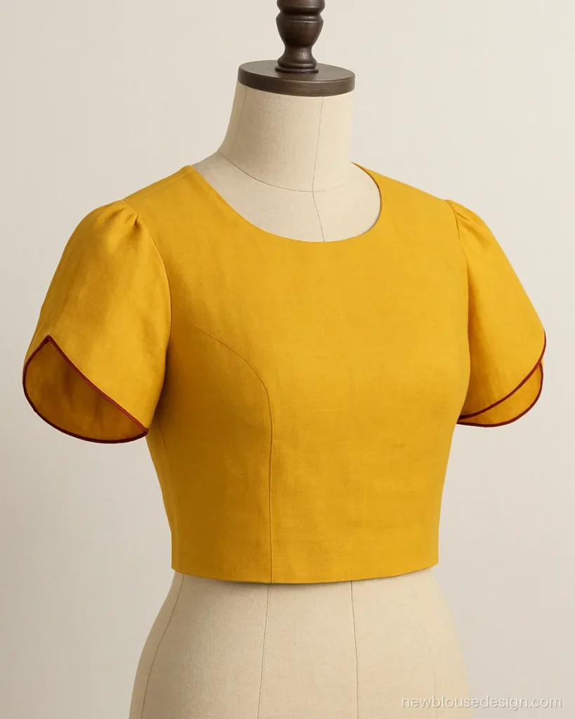 Tulip petal blouse sleeves in mustard cotton silk with thin maroon piping on both petals