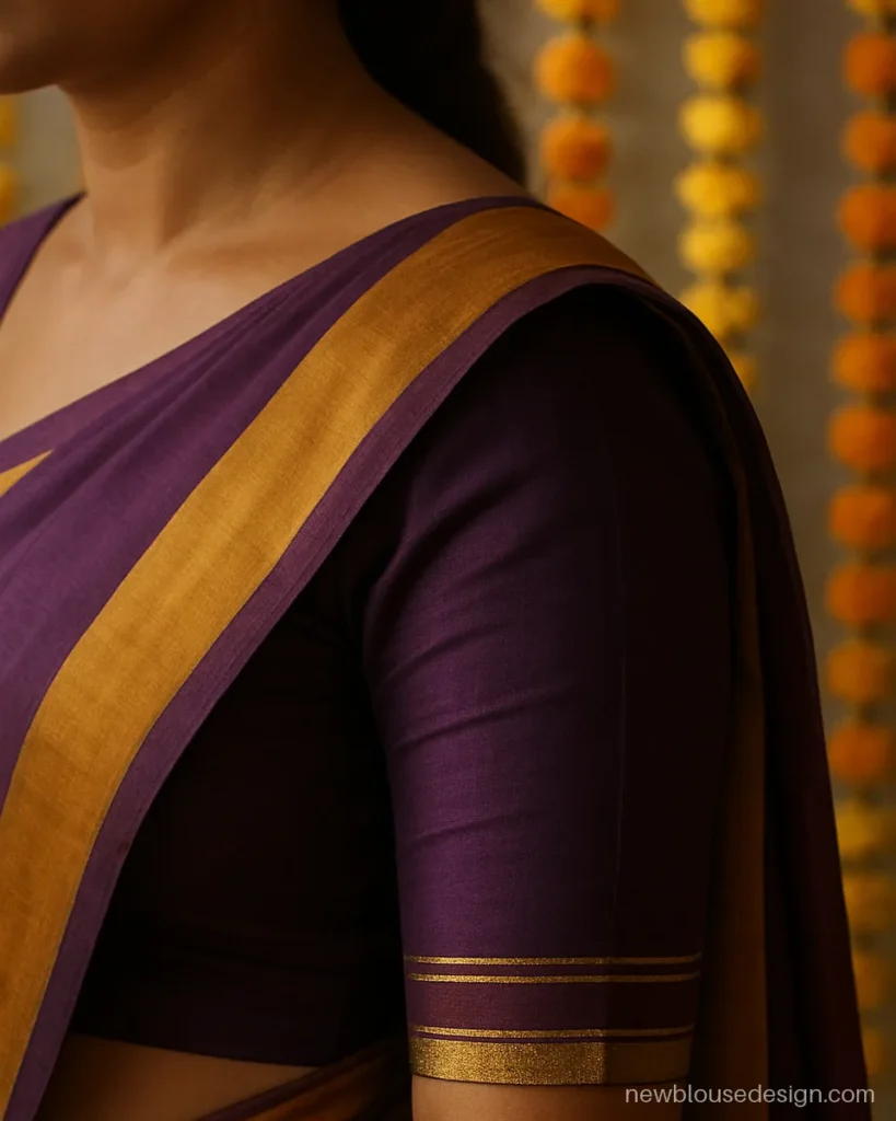 Purple silk three quarter sleeves with two thin parallel gold borders near the hem
