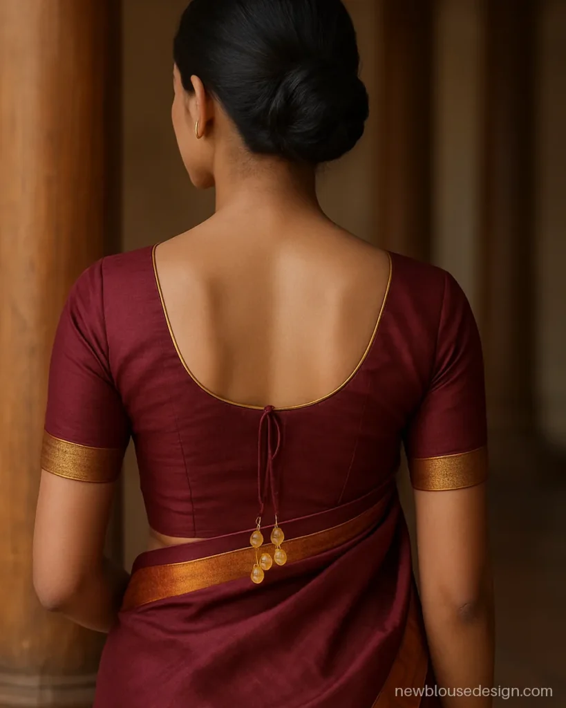 Maroon blouse back with round neck and gold coin latkan dori