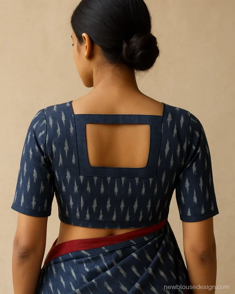 Indigo Pochampally ikat blouse back with square neck and small window