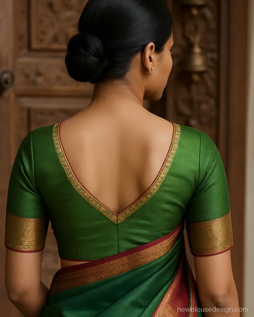 South indian blouse back design in green silk with paan neck and mango border
