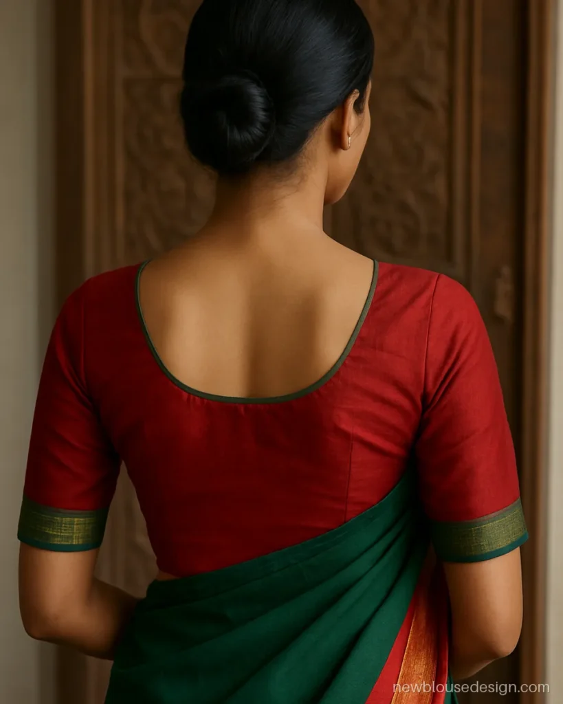 Blouse design kannada style in red with green Ilkal border and round back